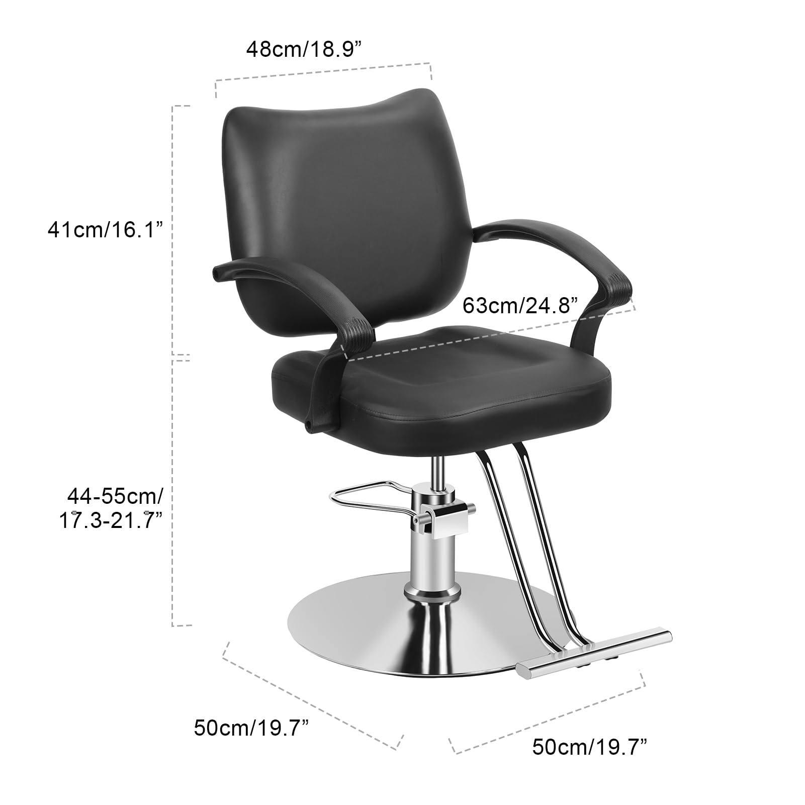 Professioneller Friseurstuhl, um 360 ° drehbar, Höhe verstellbar mit Hydraulikpumpe, ergonomische Halterung, rutschfeste Basis aus verchromtem Stahl, Bezug aus schwarzem Kunstleder