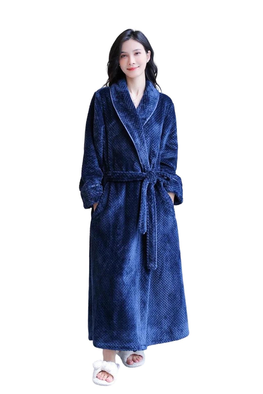 Men Women Thick Flannel Couple Pajamas Nightgown Bath Robe Kimono Bathrobe Fleece Sleepwear Warm Robes Belts Navy Blue-Women-XL