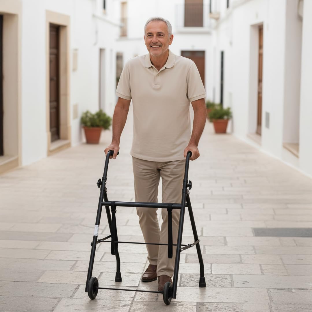 Andador para Ancianos Plegable 2 Ruedas, Aluminio Ligero, Personas Mayores, Negro