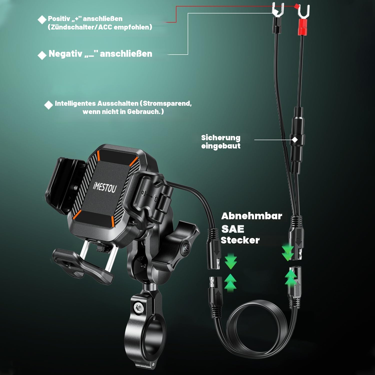 iMESTOU Kabellose USB-C Handyhalterung für Motorrad, Vibrationsdämpfend und Wasserdicht, 2,5 cm Kugel Qi Handyhalterung, Geeignet für 4,7"-7,2" mit max. 15mm Dicke Handys, Passend für 22–32 mm Lenker