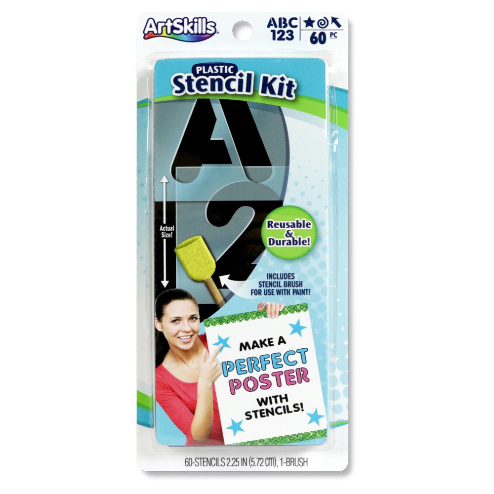 ArtSkills 2.5" Plastic Number & Letter Stencil Kit with Foam Brush, Transparent