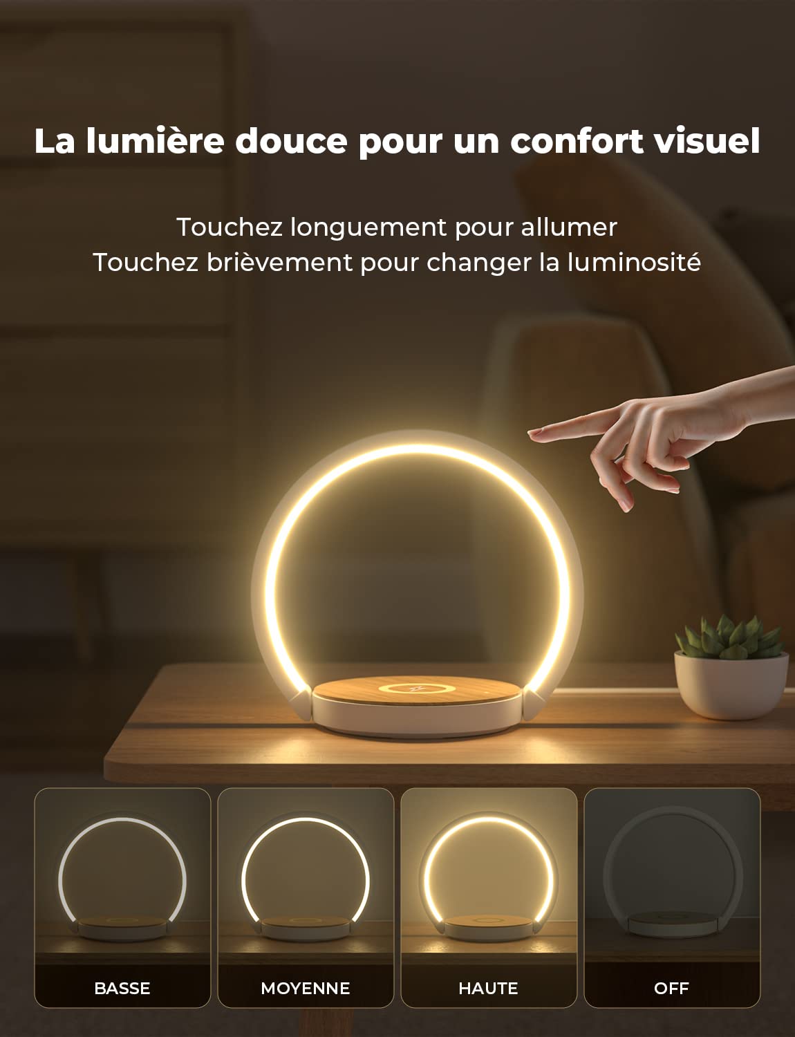 Lampe de Chevet Chargeur sans Fil Lampe de Nuit avec Chargeur Induction Veilleuse Tactile LED 3 Intensité Variable avec Lumière Douce, Angle d’éclairage de 180° Pour Chambre, Salle D'étude