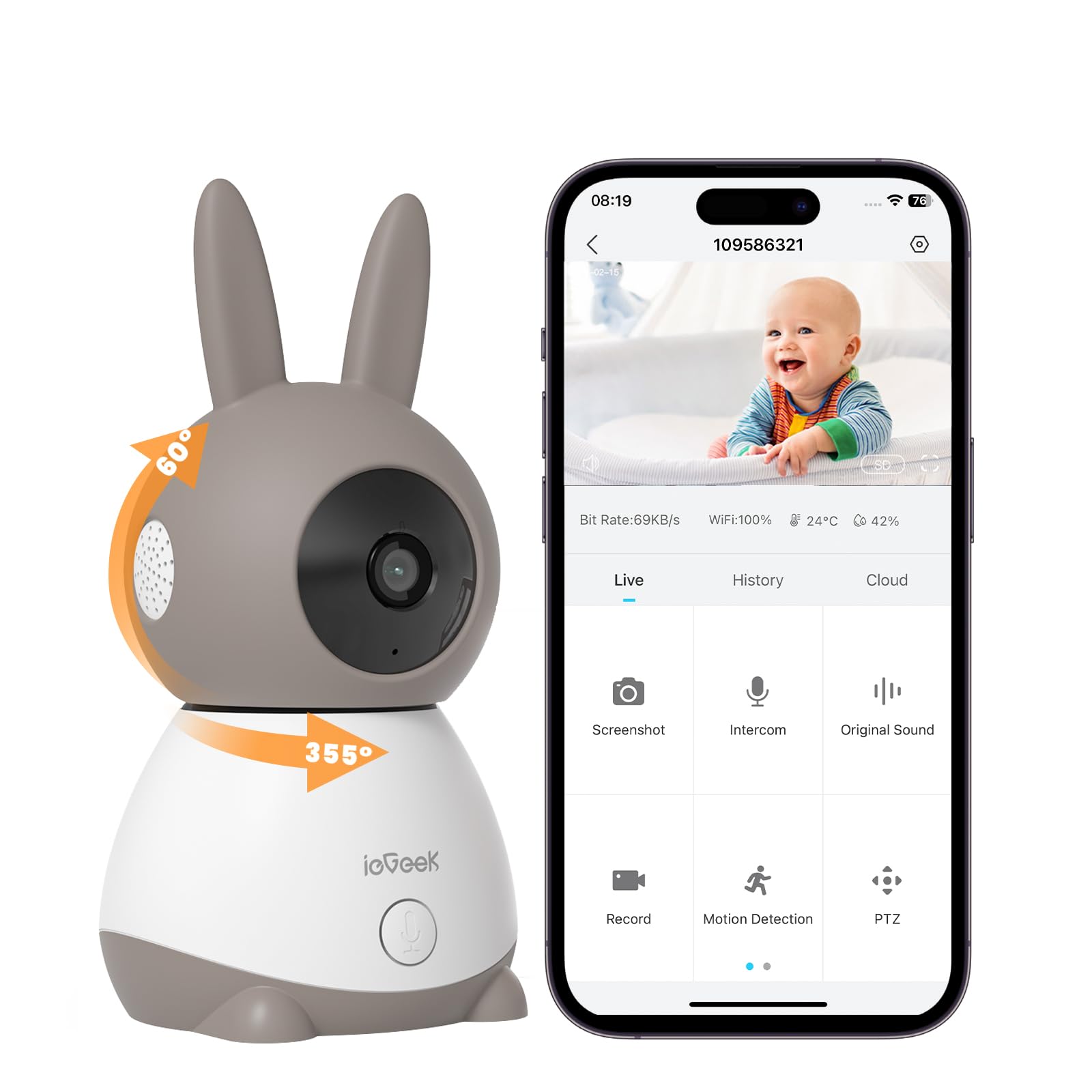 ieGeek Add-On Camera for Baby Monitor 1T, 2K WiFi Baby Monitor, 360° PTZ Baby Camera, Night Vision, Motion & Cry Detect, Auto-tracking, 2-Way Audio