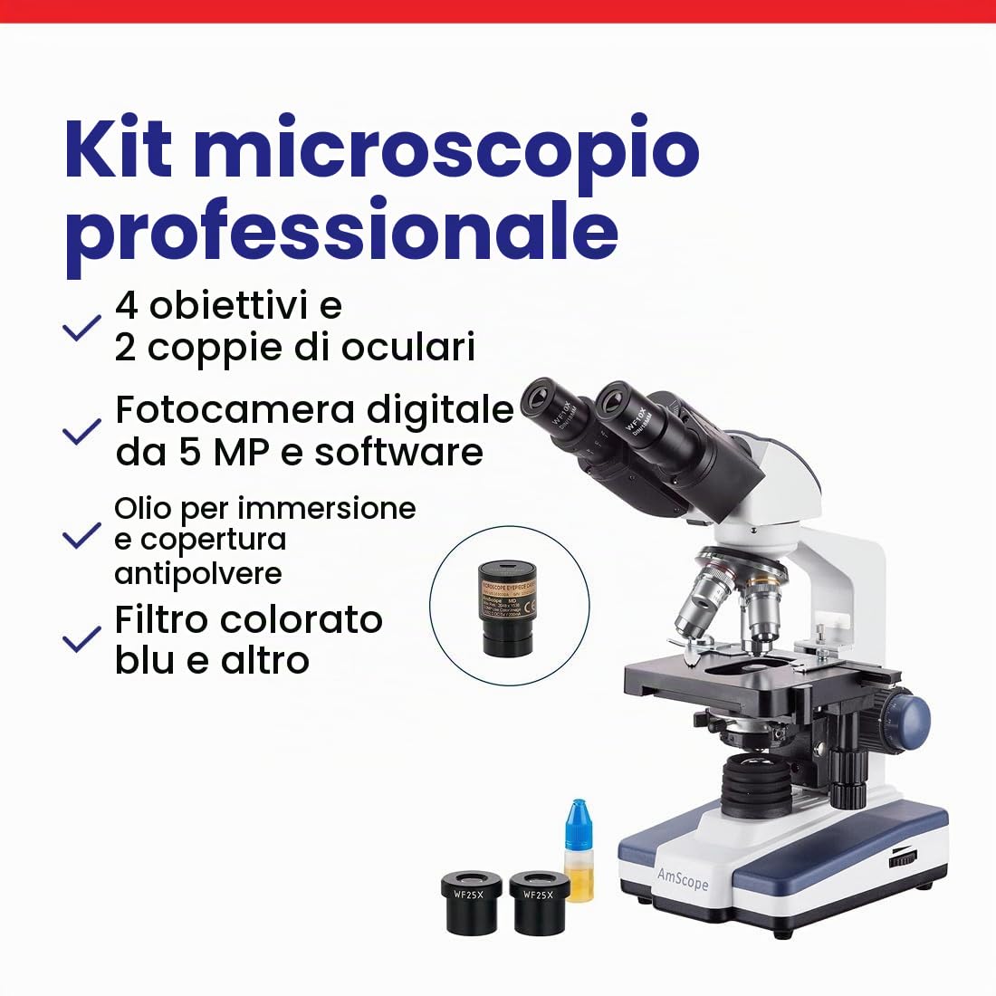 AmScope - Binocolo digitale 40x-2.500x a LED con microscopio con fase 3D + fotocamera USB 5 MP - B120C-E5