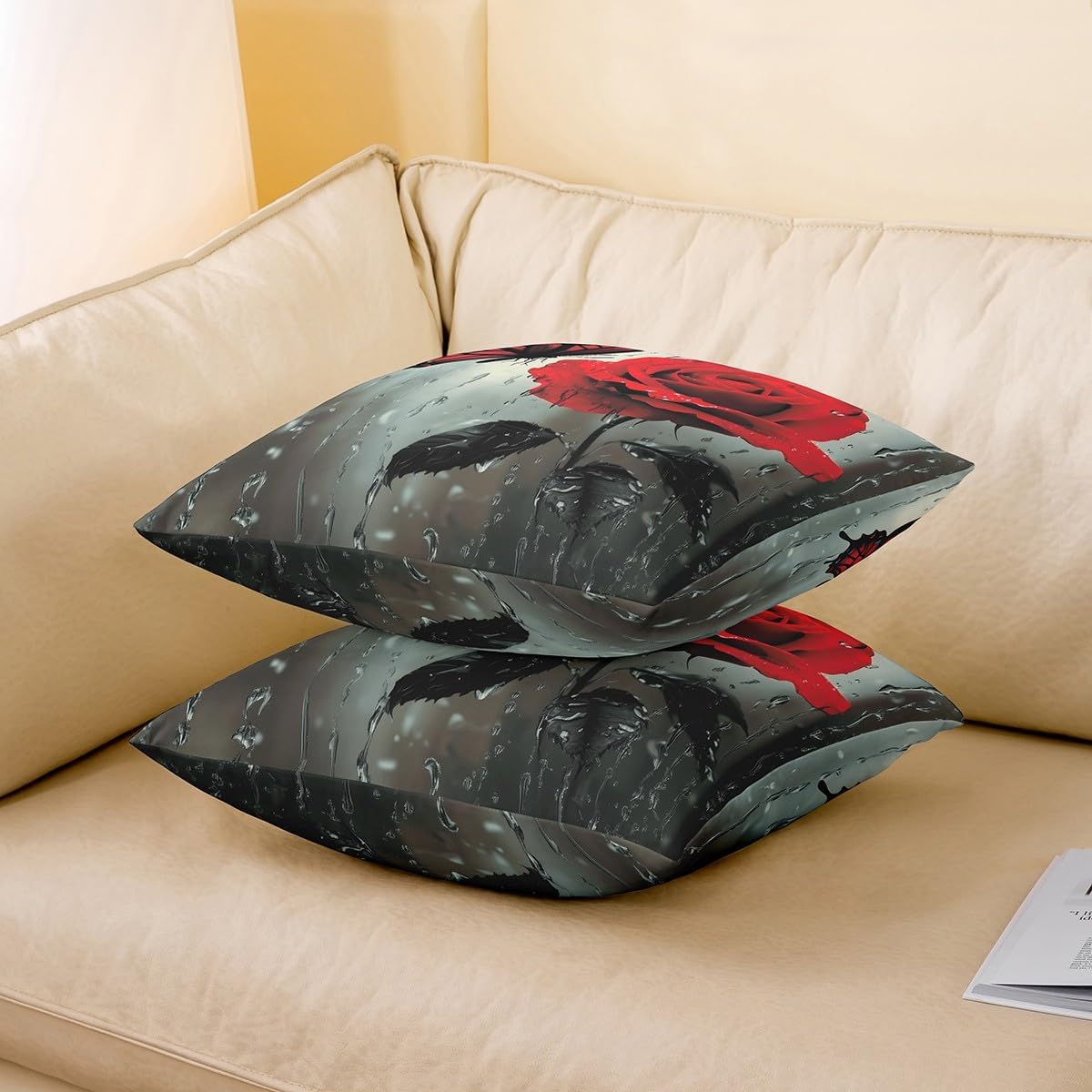jejeloiu Red Rose Throw Pillow Covers Set of 2 24 x 24-Inch Kids Floral Flower Reversible Cushion Case Boys Girls Garden Flower Butterfly Pillowcases for Sofa Couch Bed Romantic,Indoor Outdoor