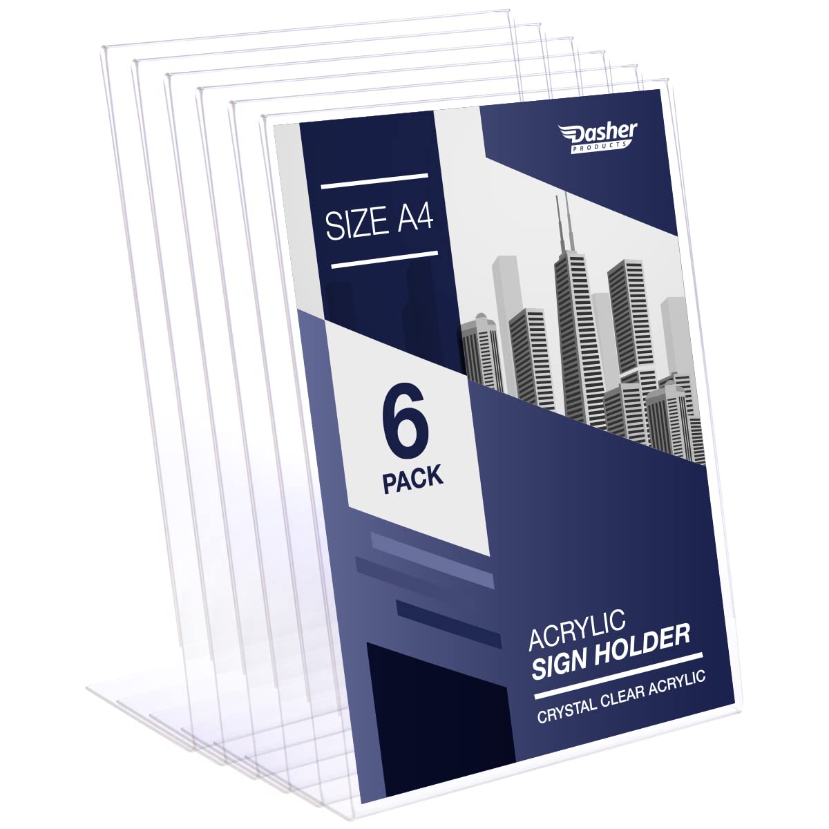 Slant Back Acrylic Sign Holder A4, 6 Pack, Portrait Ad Frames, Clear Picture Frame for Signs, Brochure, Flyer, Menu, Paper, Poster, Display. Slanted Plastic Message Board Stand for Home, Office, Store