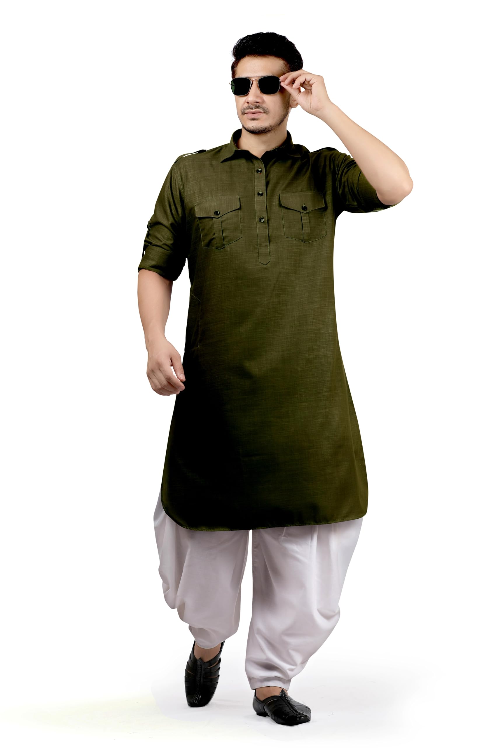 k-royals Olive White Dhoti Salwar Pathani Suit for Men's/New Cotton Blend Kurta Pyjama Set-picture-26