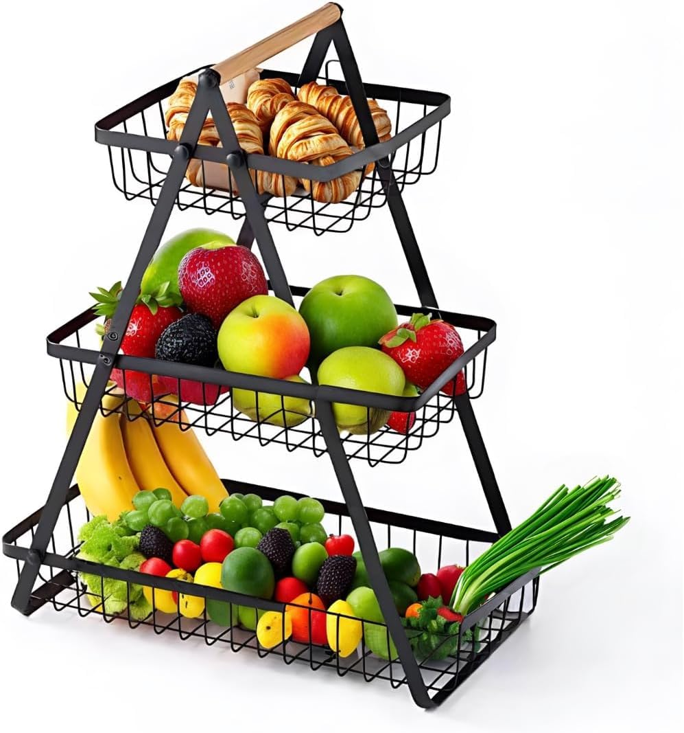 Almineez Black 3 Tier Fruit Stand - Fruit Bowl Holder, Vegetable Basket, Snacks & Cupcakes Countertop Storage Rack