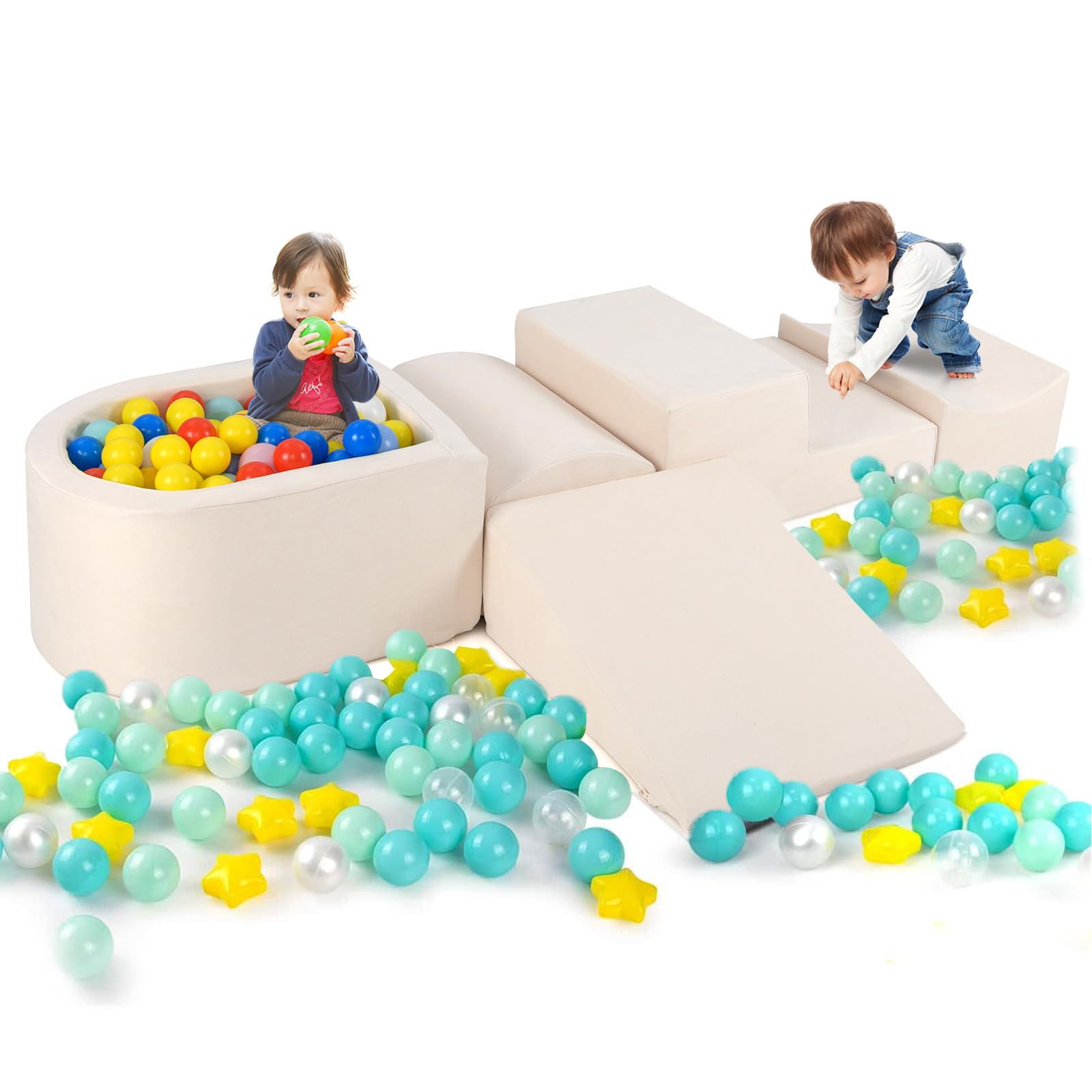 COSTWAY 5 TLG. Schaumstoffbausteine, Riesenbausteine mit Bällebad, Großbausteine zum Toben und Klettern, Kletterblöcke Softbausteine Kinder für Spielzimmer, Kinderzimmer, Keine Bälle (Beige)