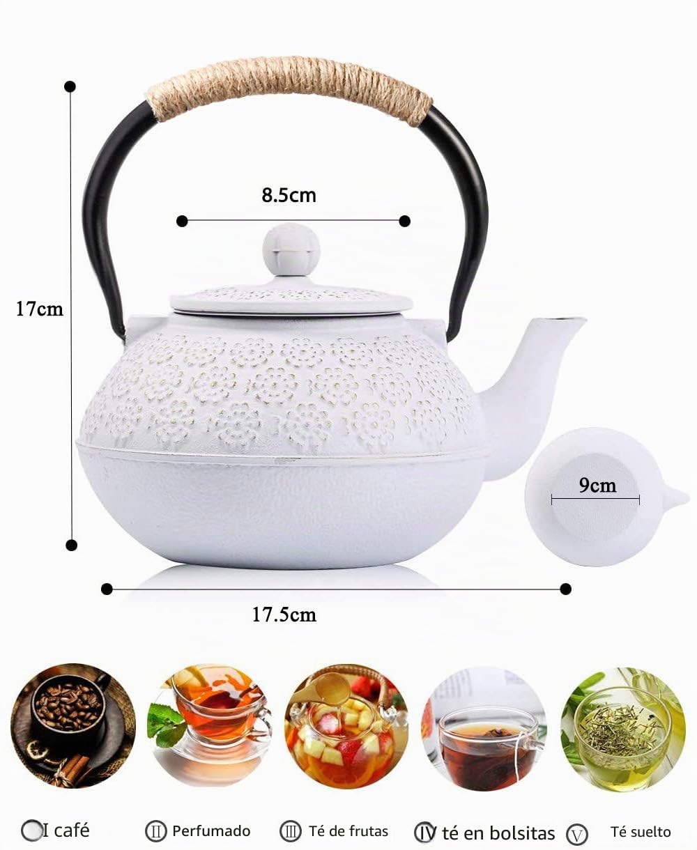 Tetera de hierro fundido japonesa tetsubina con colador de té, 800 ml, color blanco