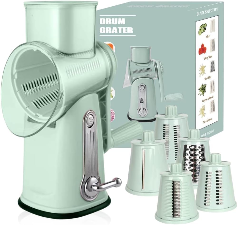 Rotary Cheese Grater - Best Cheese Grater with Handle, Non-Slip Suction Base, Round Mandoline Drum Slicer, Food Shredder, Cheese Shredder, with 5 Interchangeable Blades - Cooking Gadgets. (Green)