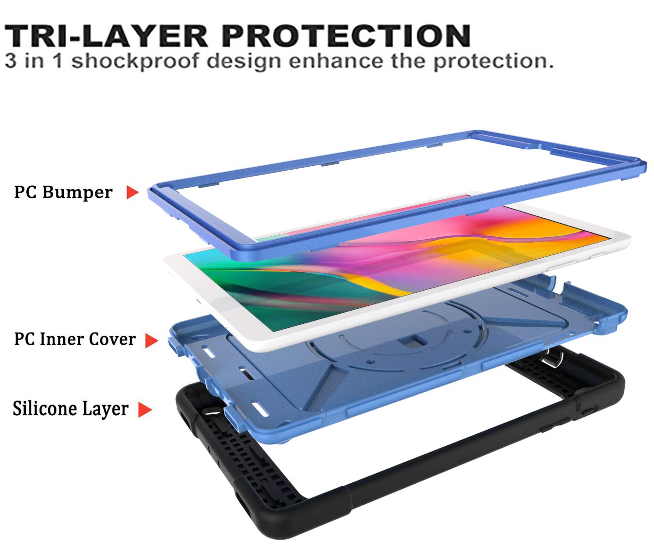 Etui na tablet do Galaxy Tab A 10.1 (2019), wytrzymały pokrowiec ochronny z wbudowaną podstawką, paskiem na rękę i paskiem na ramię do Samsung Galaxy Tab A 10.1 (2019) / SM-T510 / SM-T515 czarny + niebieski)