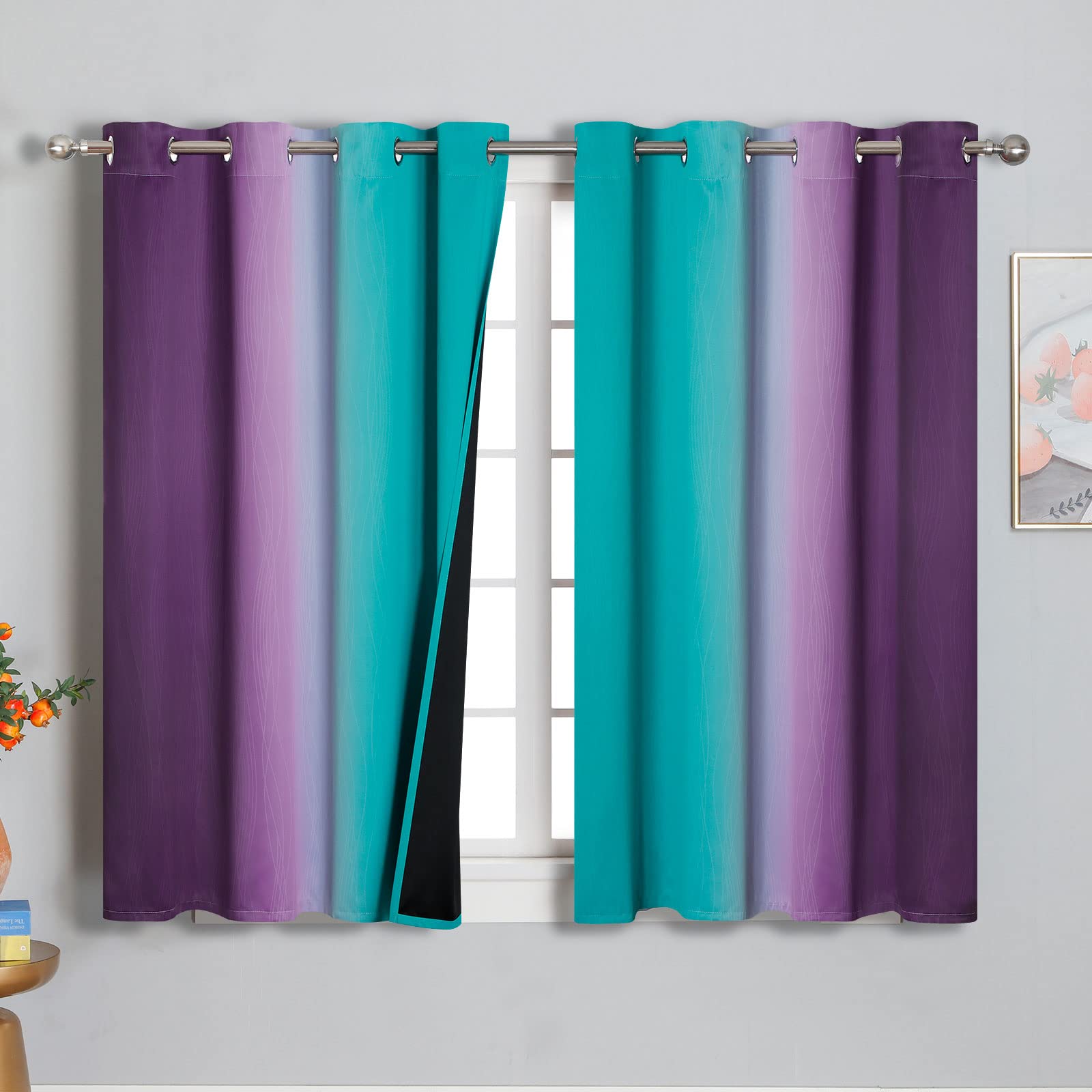 Estelar Textiler Ombre Teal and Purple Blackout Curtains 45 Inch Length 2 panels, Grommet Thermal Insulated Gradient Drapes for Kids Room, Full Light