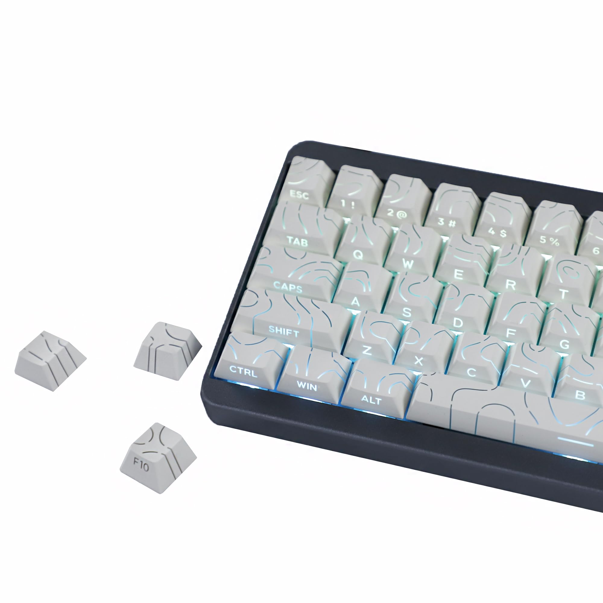 YMDK Contour Line - Juego completo de teclas blancas de 97 teclas iluminadas lateralmente, brillo a través de teclas personalizadas, perfil de cereza, PBT+PC, doble disparo para teclado mecánico MX
