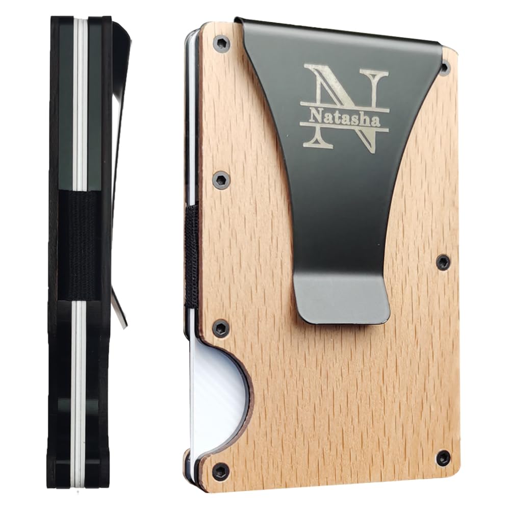 Asbanzerks Personalized Slim Wallet For Men, Custom Front Pocket Wallet with Money Clip, Minimalist Wallet for Men with RFID Blocking- Free Engraving (Beech)