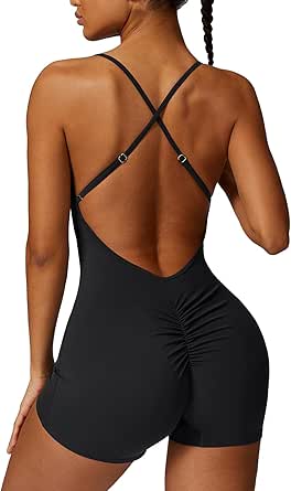 Ecupper Combinaison D'entraînement Dos Nu Une Pièce Sans Manches Pour Femme, Barboteuse De Gym, Short De Yoga, Brun Foncé