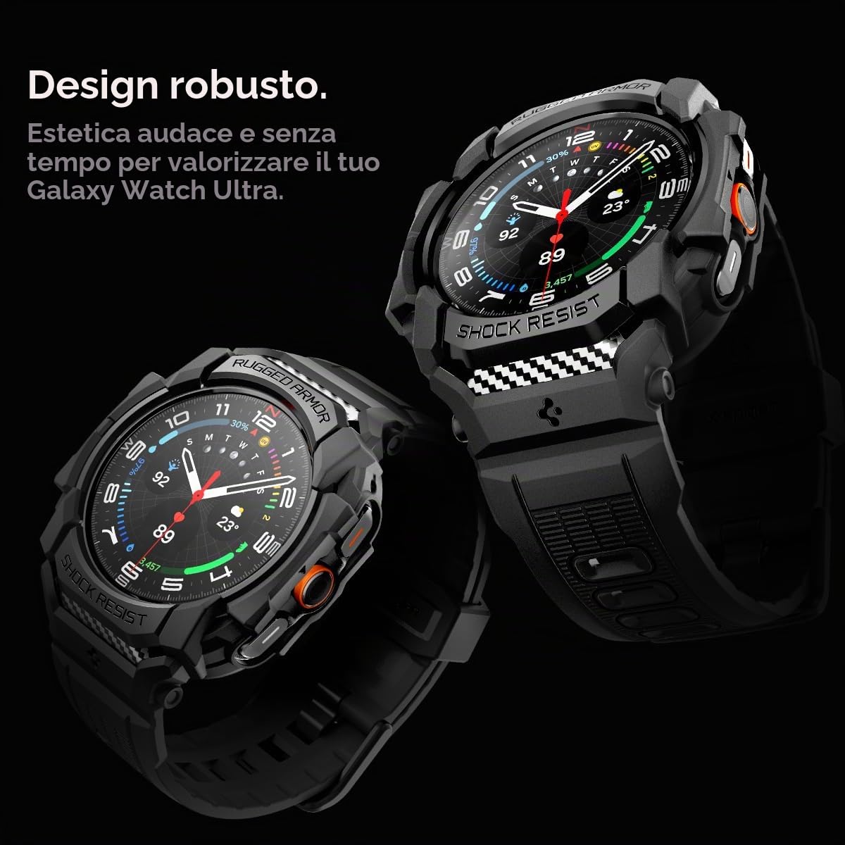Spigen Cover Rugged Armor Pro con cinturino per Galaxy Watch Ultra 47mm | Custodia unibody in TPU con cinturino, dettagli in fibra di carbonio, bordi rialzati, Modelli 2025/24 - Nero opaco