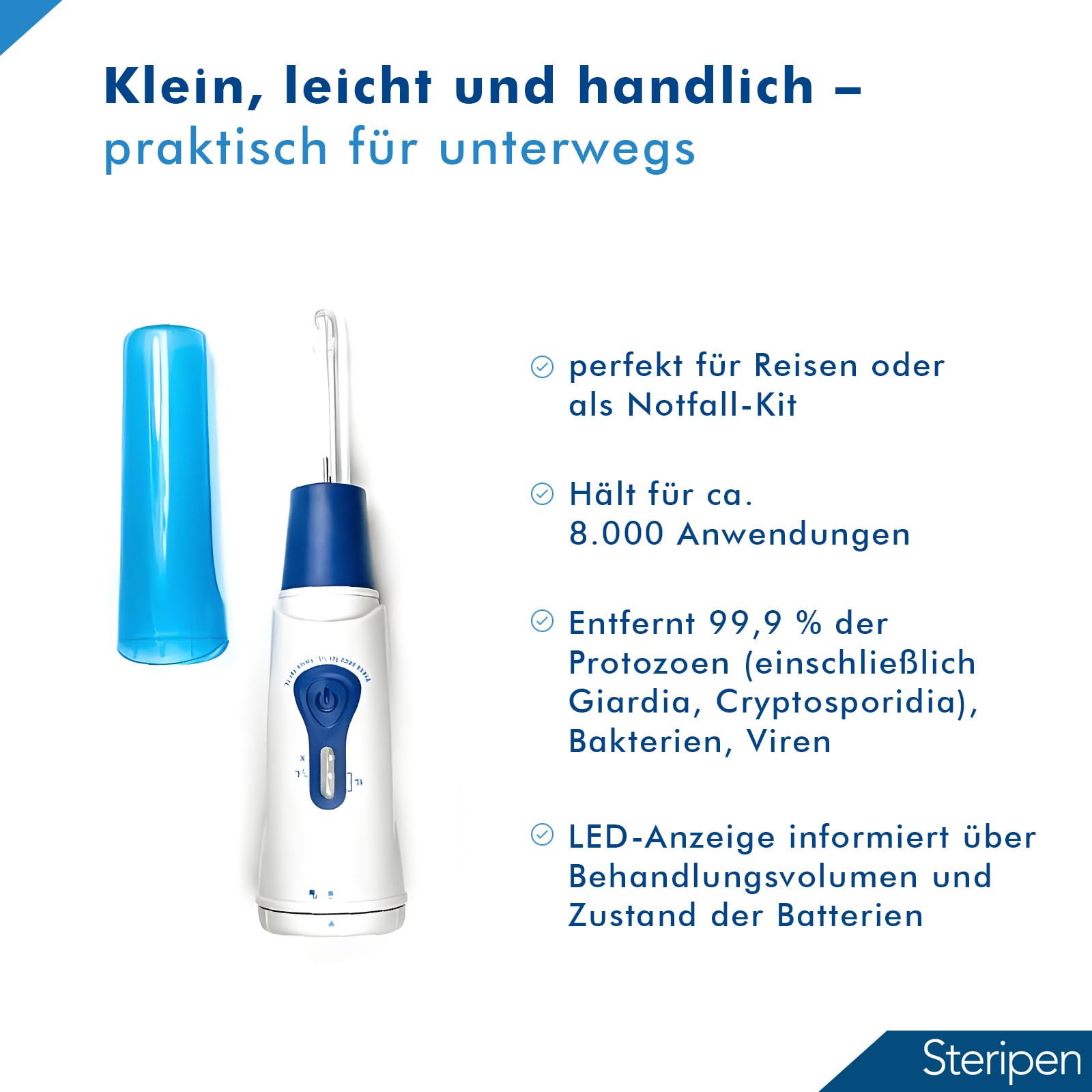Steripen Classic 3 UV-Wasserentkeimer 60110077 | Wasser-Desinfektion mit UV Licht | wirkt gegen Protozoen, Bakterien, Viren | 90 Sek. 1 L Trinkwasser Entkeimer