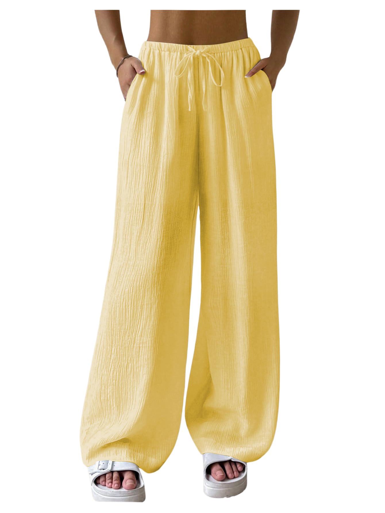 Womens Elastic Drawstring Waist Wide Leg Pants Loose Fit Sheer Cover Up Beach Pants Lounge with Pocket