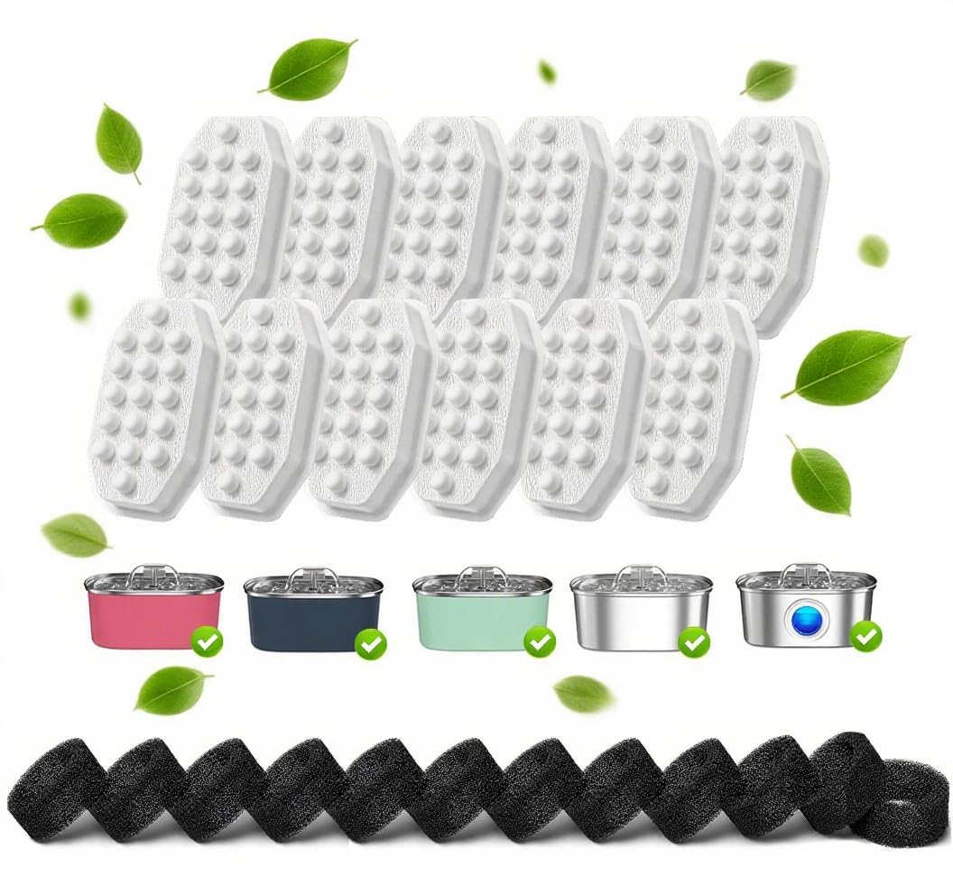 24 Pcs Cat Water Fountain Filters,12 Pack Cat Water Fountain Replacement Filters & 12 Pack Pre-Filter Sponges,Fountain Filter Replacement for Rellaty and Neareal 108oz/3.2L Pet Stainless Fountain