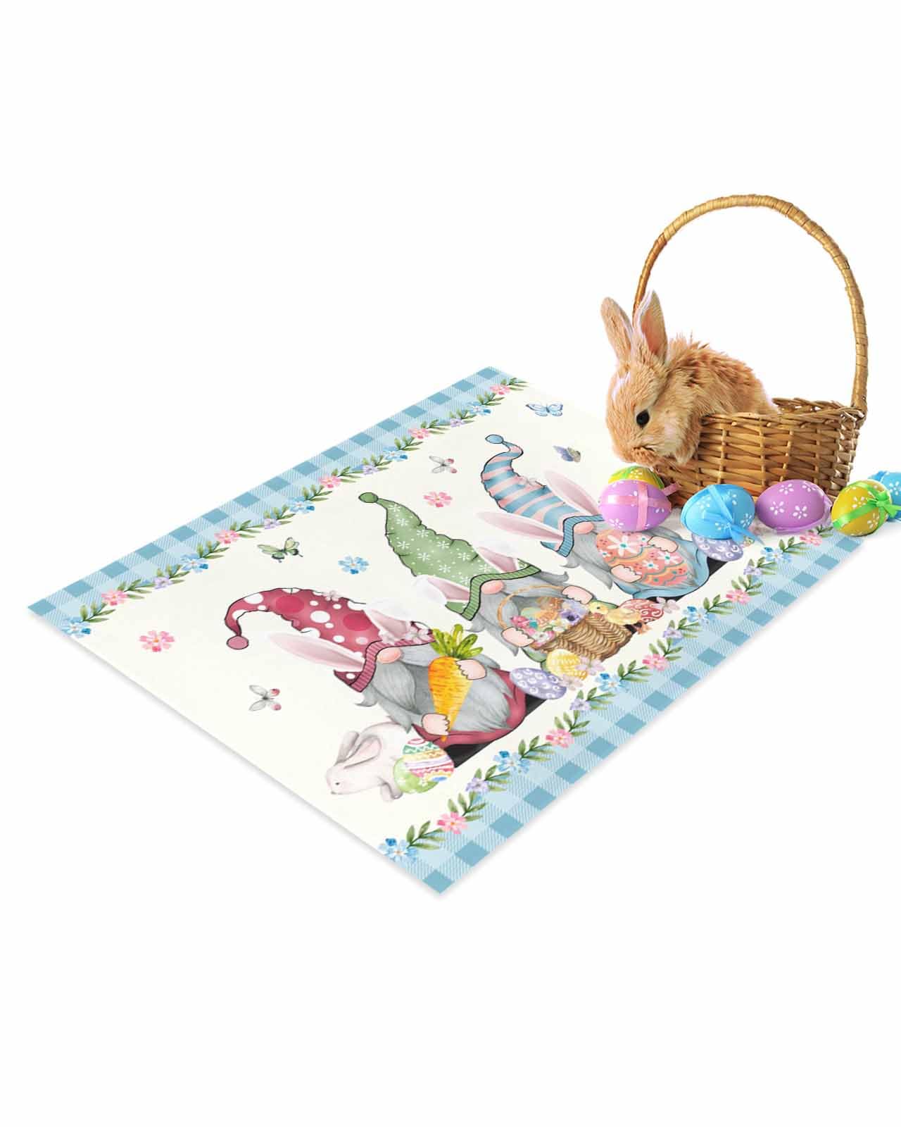 Happy Easter Bunny Gnome Door Mat, Spring Non-Slip Easter Eggs Indoor Doormat Kitchen Rugs, Blue Plaid Mats for Easter Decor, Welcome Mats for Bedroom Dining Room Entryway Floor Carpet 18 x 30inch