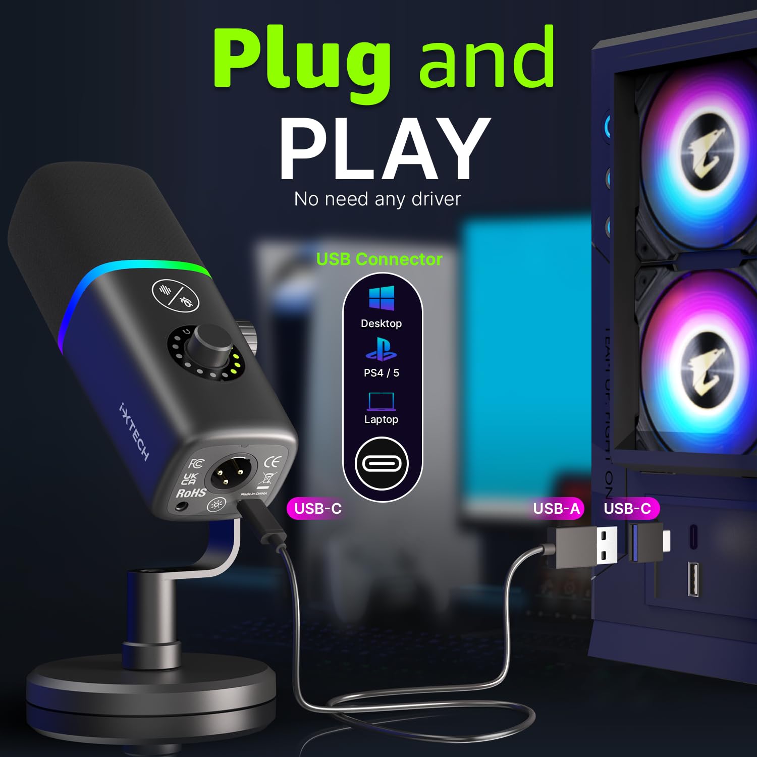 IXTECH Microphone USB de jeu pour PC, microphone à condensateur d'annulation de bruit pour podcasts et streaming vidéo avec trépied, filtre anti-pop, support antichoc, contrôle du gain, lumières RVB,