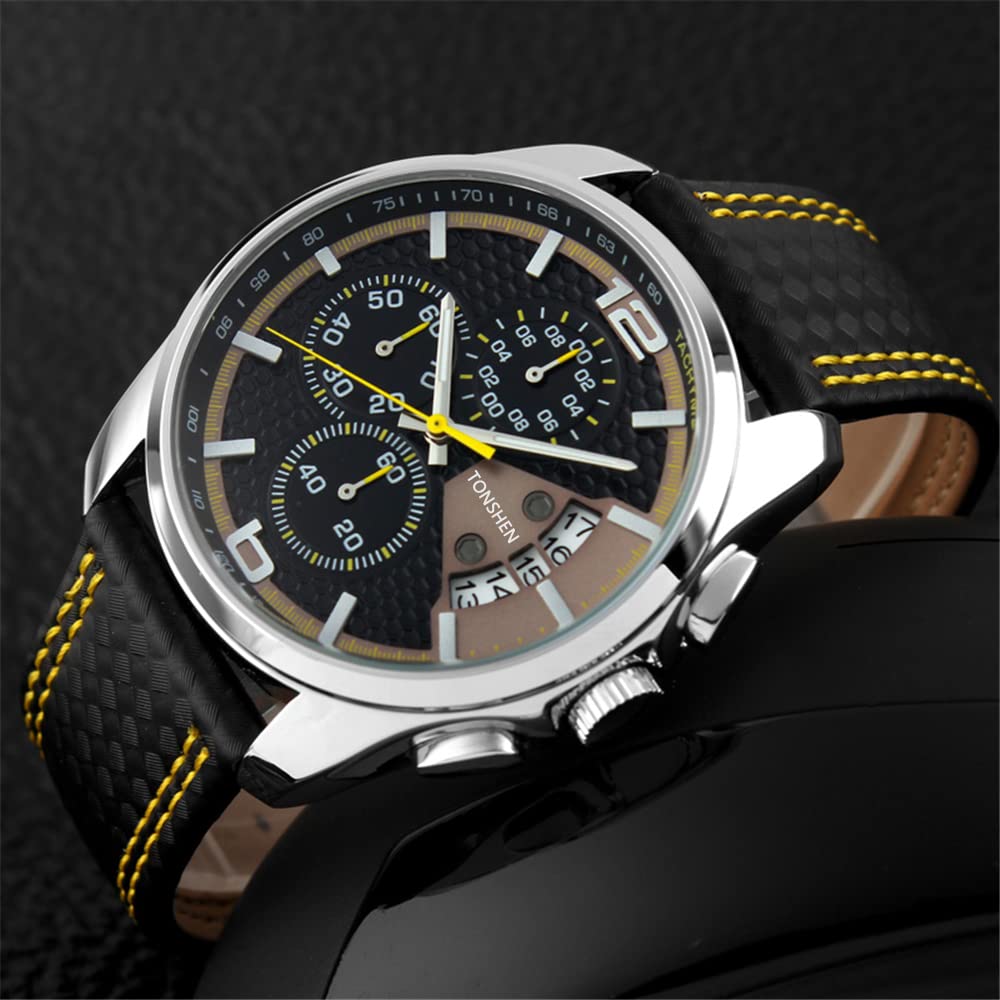 TONSHEN Fashion Orologi da Polso Uomo Sportivo Stile Acciaio Inossidabile Cassa e Cuoio Cinturino Casual Analogico Quarzo Orologio Data Calendario con Sub Dial