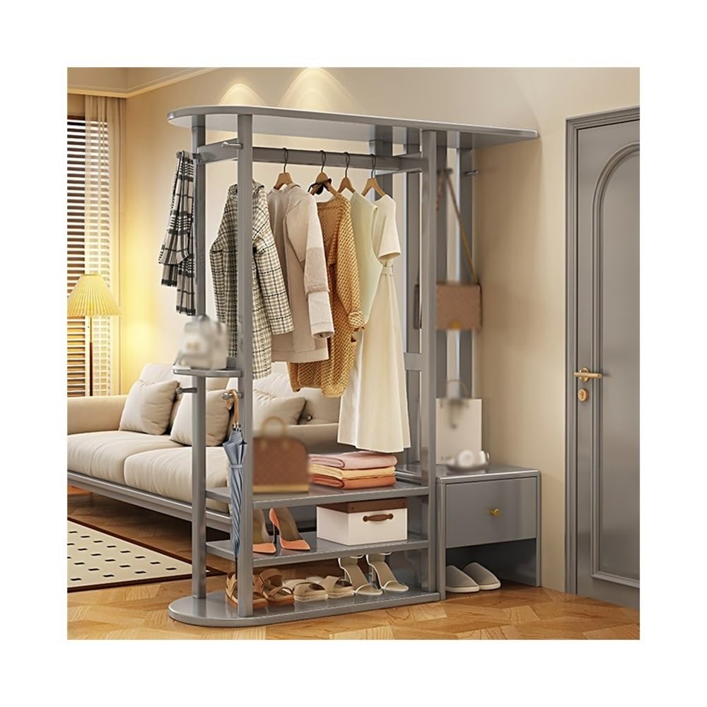 Dh2yjnbf3 Standing Solid Wood Coat Rack Floor Bedroom Household Hanging Clothes Entrance Door Vertical with Storage Shoe Bench Hallway(Gris)