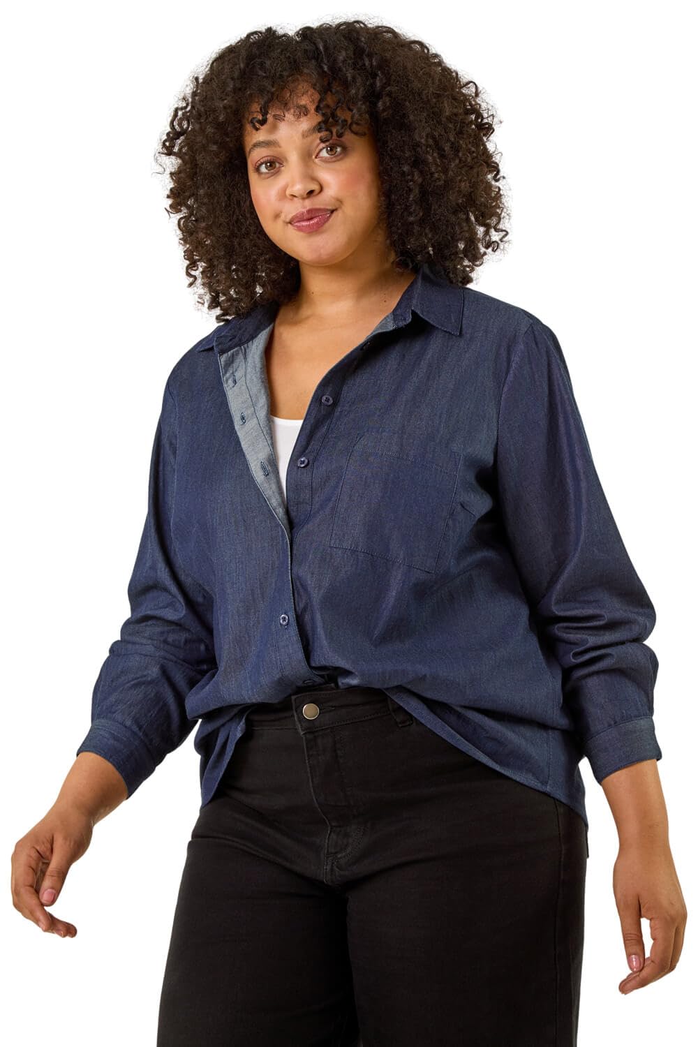 Roman Originals Women's Deep Blue Plus Roman Curve Shirt For Cotton Blouse Button Through Tunic Printed Top Work Long Sleeve Smart Casual Going Out Work Office V Neck Everyday Evening Event - Size 20