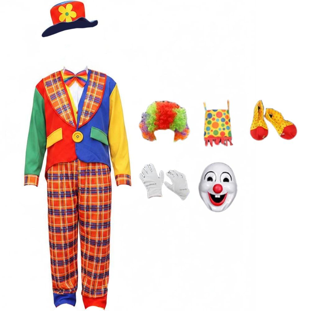 1 Set di Costume Clown Circo per Adulti, Completo di Parrucca, Maschera, Borsa, Scarpe E Guanti. Divertente Costume Clown per Travestirsi.