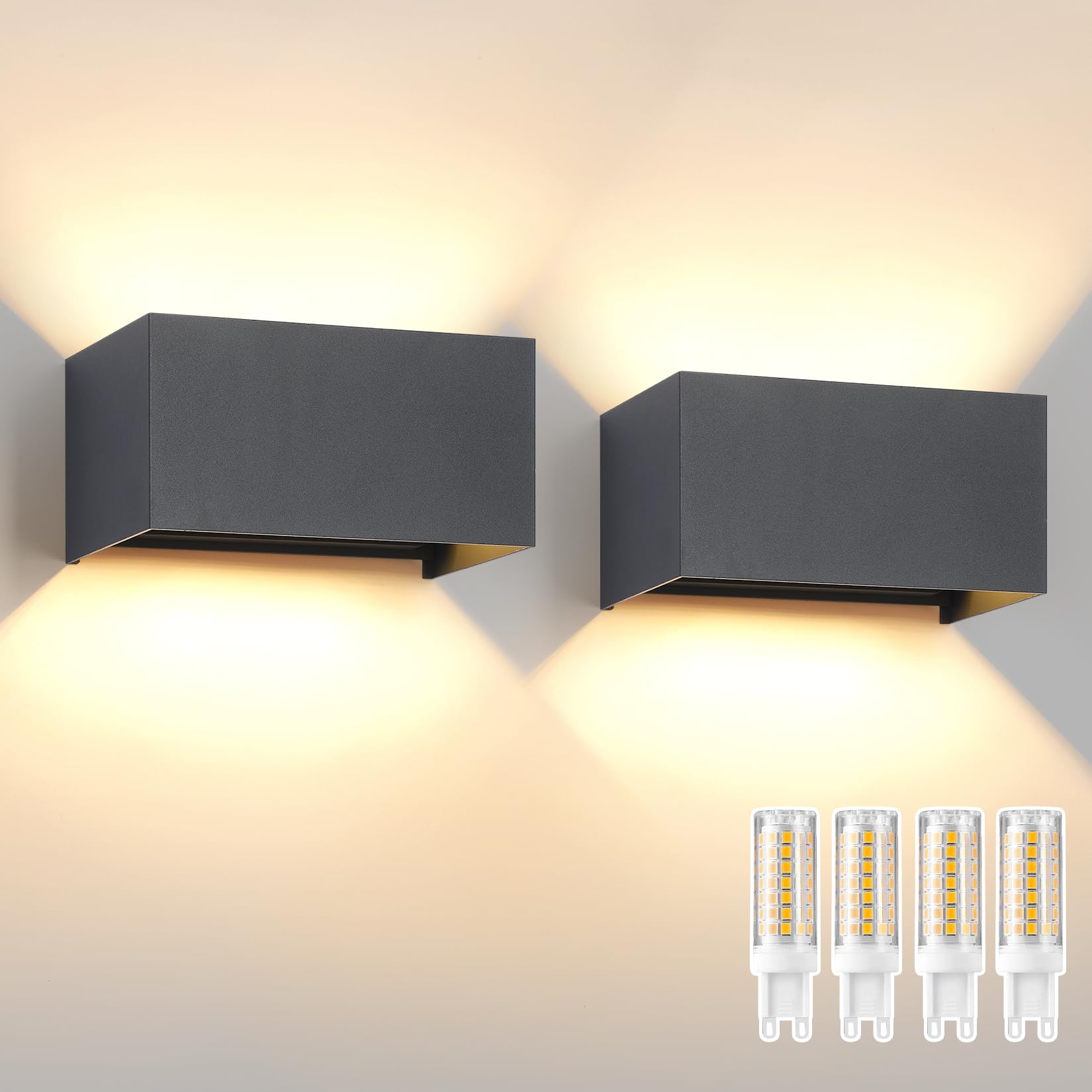 2 Pezzi G9 Applique da Parete Esterno/Interno con Lampadina Sostituibile IP65 impermeabile Lampada da Parete Esterne Alluminio Angolo del Fascio Regolabile Retangolo Antracite, 3000K Luce Caldo