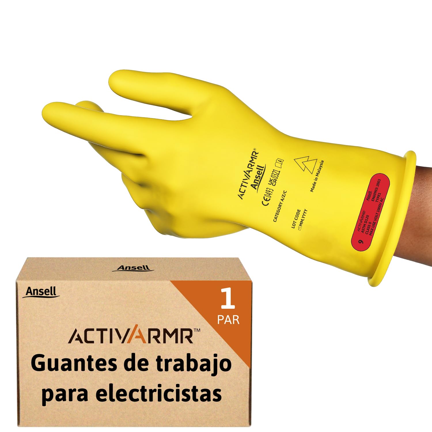 Ansell ActivArmr Guantes Aislantes Dieléctricos, Protección Eléctrica Class 0 (Tensión 1000V), Trabajos con Electricidad, Látex de Caucho Natural, 28cm, Amarillo, Talla XL (1 Par)