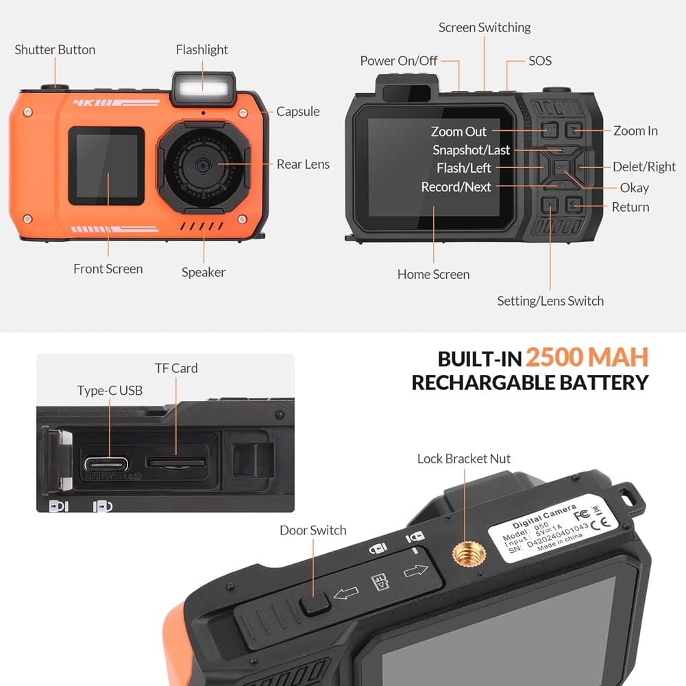 Cámara Subacuática 4K de 33 Pies, Cámara Impermeable con Pantallas Duales, Cámara Digital de 48 MP con Enfoque Automático para Hacer Snorkel