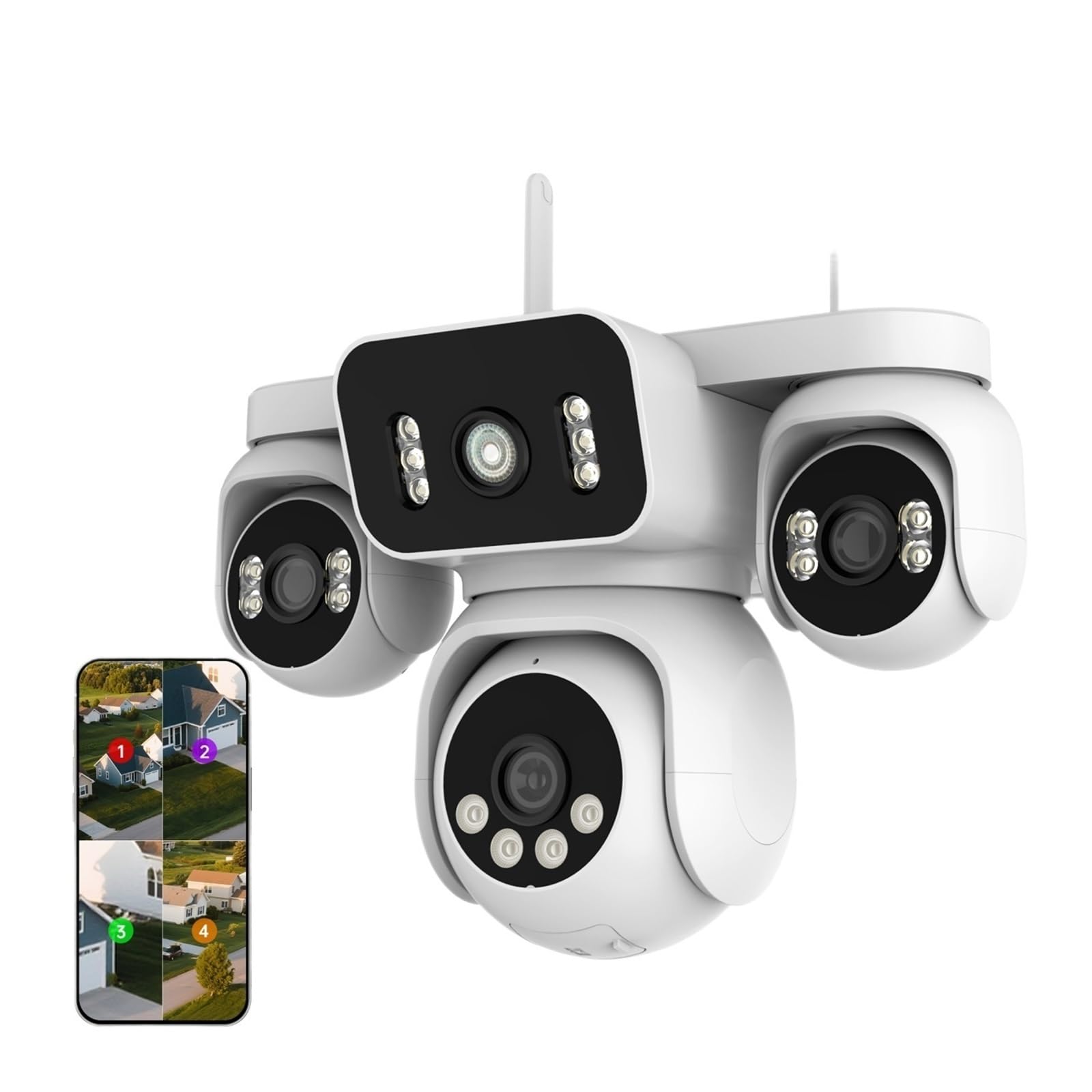 JVDDI 8MP WiFi Security Camera 4 Lens 4 Screen 360° PTZ 16X Zoom Waterproof Home Surveillance CCTV Outdoor Street Video Camera(8MP 5X Cam Add 128G)
