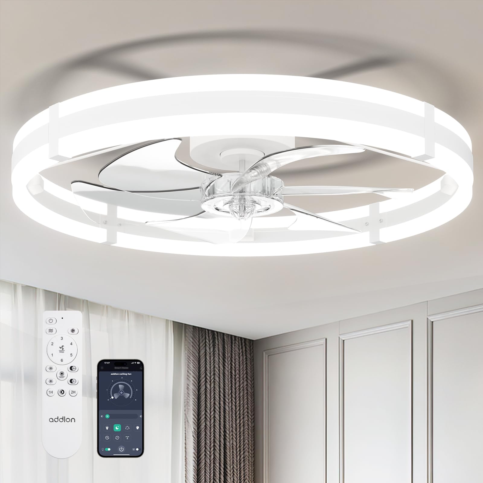 addlon Ceiling Fans with Lights and Remote, 24'' Low Profile Ceiling Fans, 3000-6000K Dimmable Modern Flush Mount LED Fan Light, Fandelier Ceiling Fan for Bedroom, Kitchen, Living Room