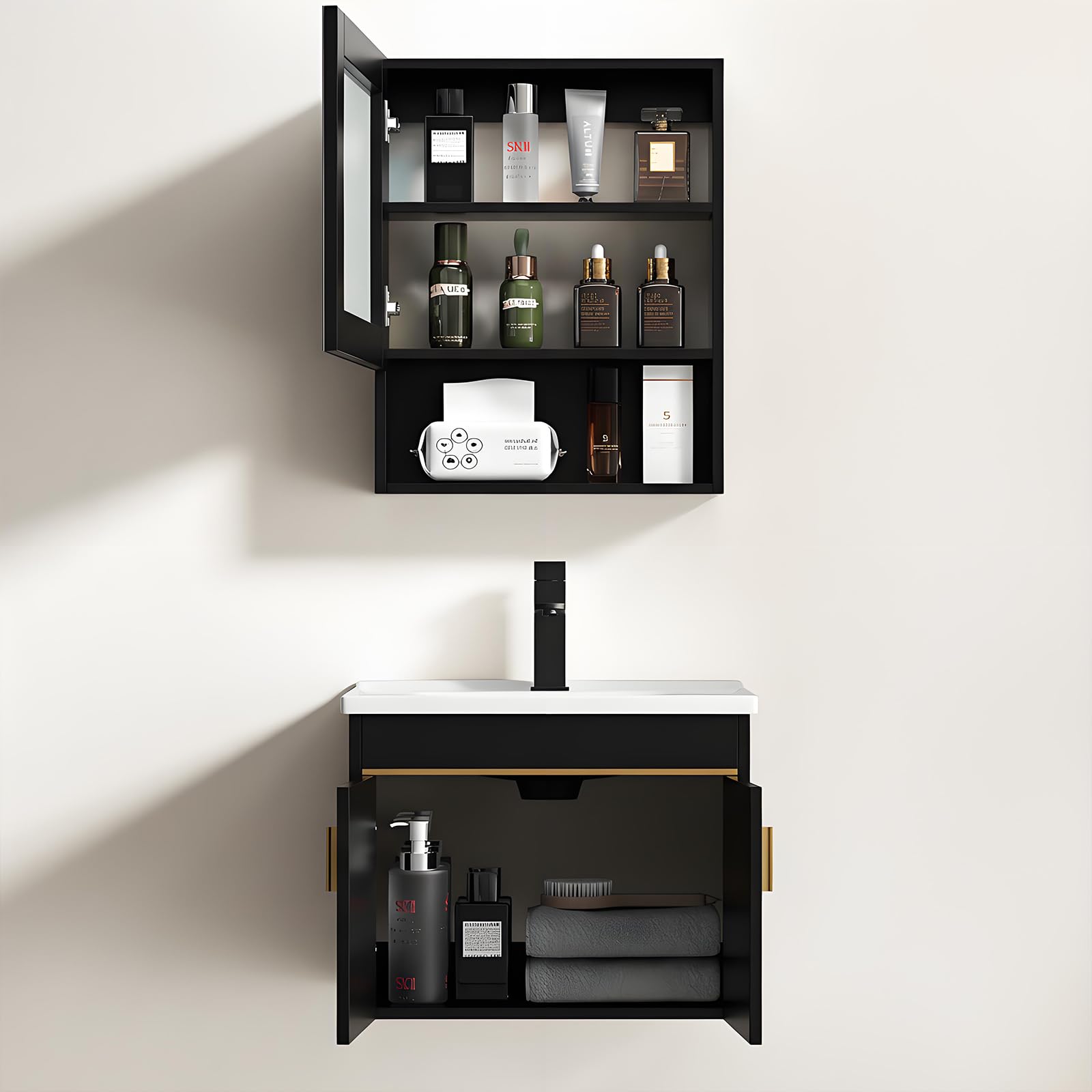 Mueble de Baño Suspendido con Lavabo Cerámico sobre Encimera con Armario con Espejo,Mueble Bajo Lavabo Conjunto de Muebles de baño (Negro, 50 * 36CM+45 * 60CM)