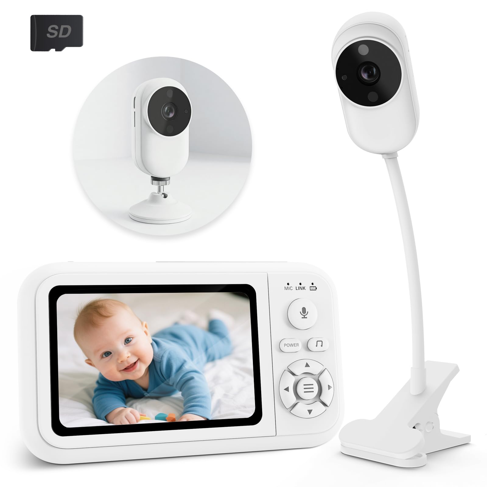 Baby Monitor with Camera and Night Vision, 1080P Baby Camera No WiFi with Holder&Cot Clip, 2-Way Audio, Cry&Temp Detection
