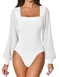 Women Puff Long Sleeve Bodysuit Mesh Square Neck Thong Sexy Body Suits Double Lined Leotards