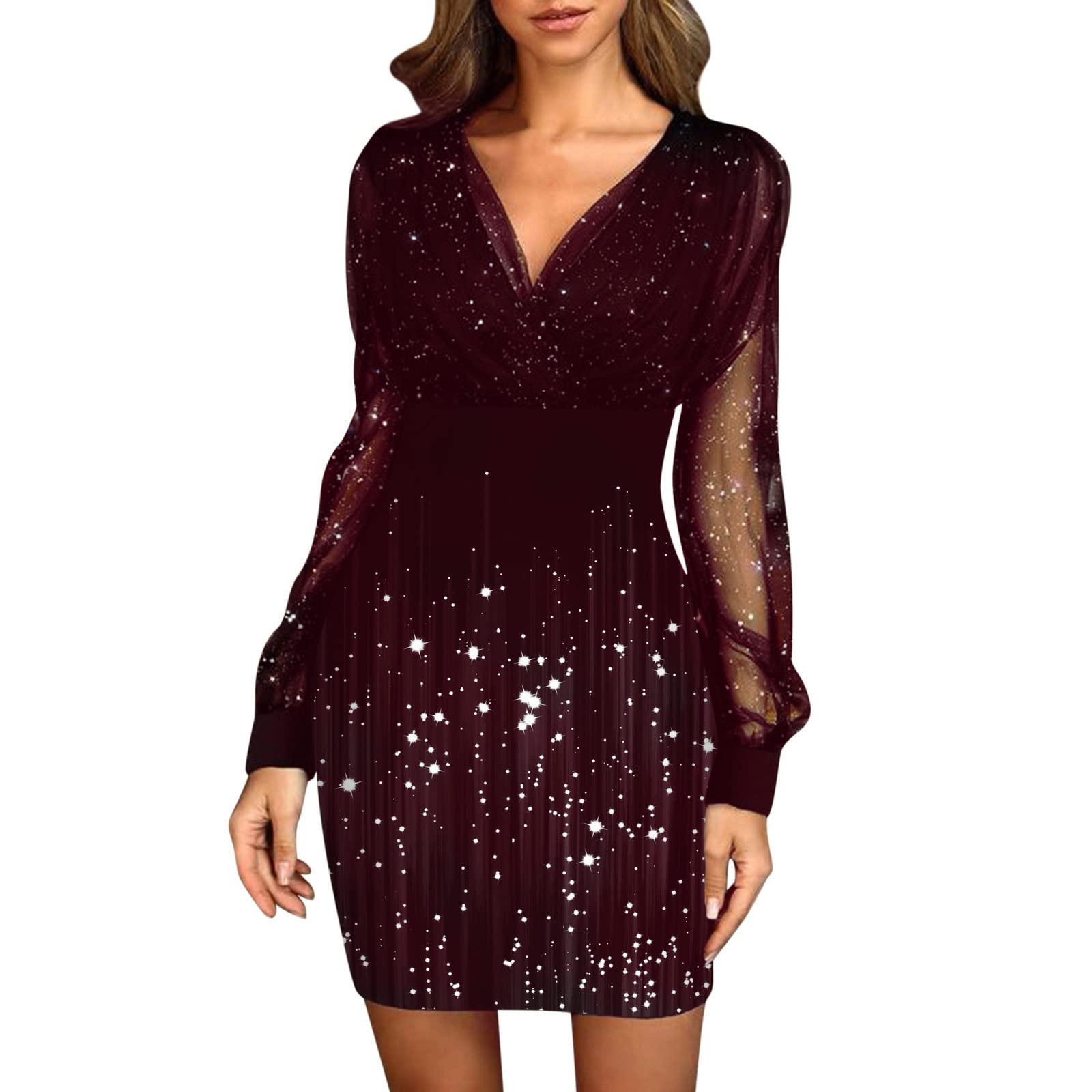 AMhomelyWomens Elegant Black Midi Dress Sexy V Neck Star Print Mini Dress Long Sleeve Mesh Pencil Dress Occasion Tunic Shirt Dress Ladies Sheer Sleeve Casual Summer Dresses Sale Clearance