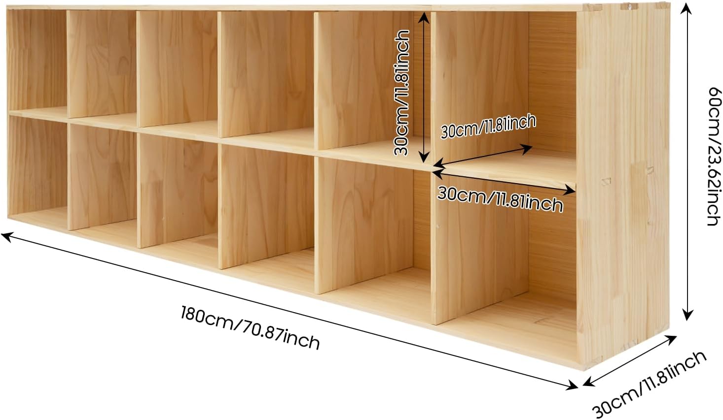 12-Cube Bookcase, 2-Tier Solid Wood Cube Storage Organizer, 70.9" L x 11.8" W x 23.6" H in Floor Standing Open Bookshelf, Natural TV Stand up to 75 Inchs for Home and Office (Natural Wood, 12-Cube)