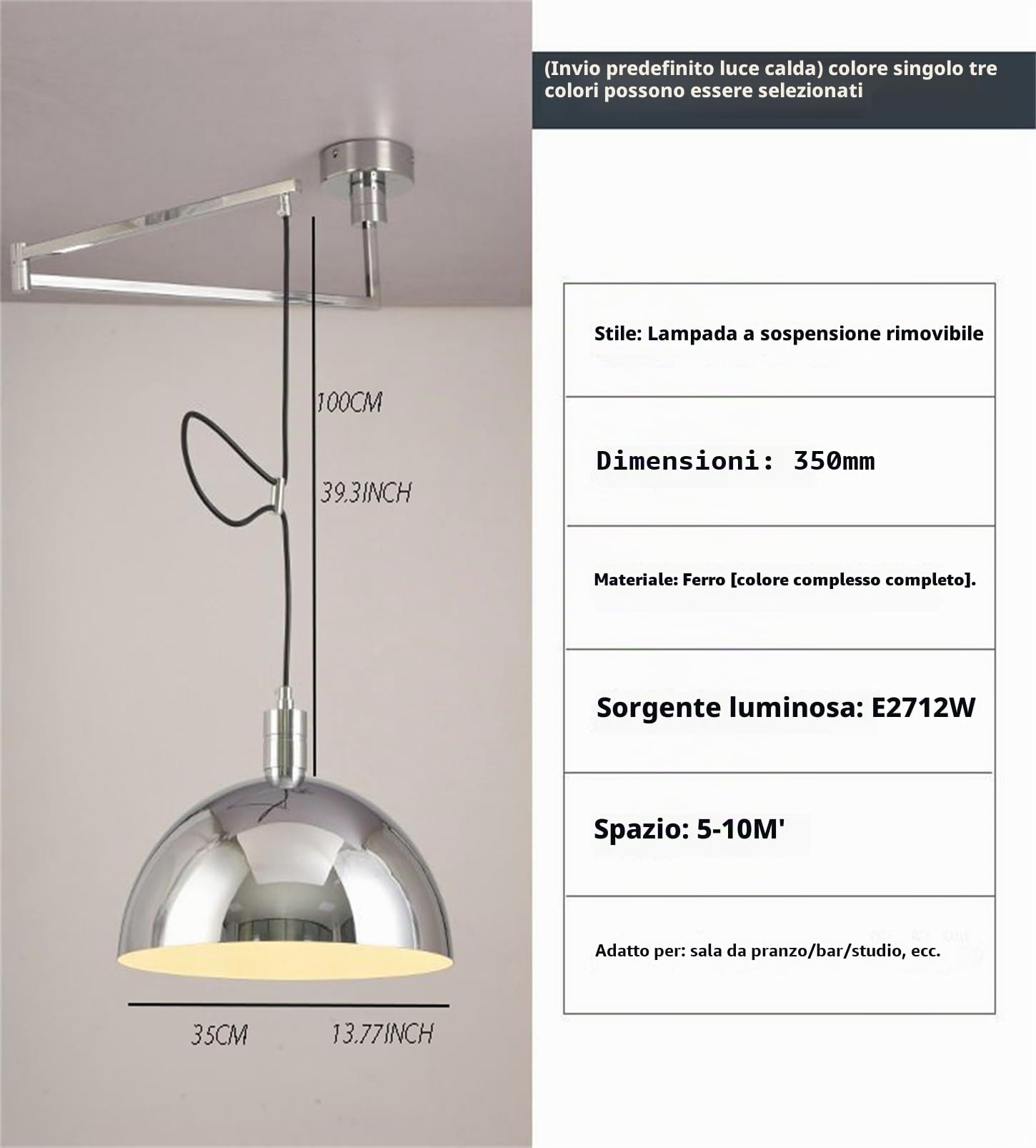 Lampadario a Braccio Oscillante a Sospensione Plafoniera con Braccio Regolabile Lampadario a Sospensione con Braccio Oscillante a 3 Colori Luce da Soffitto Industriale Lampadario a Cupola per Sala da