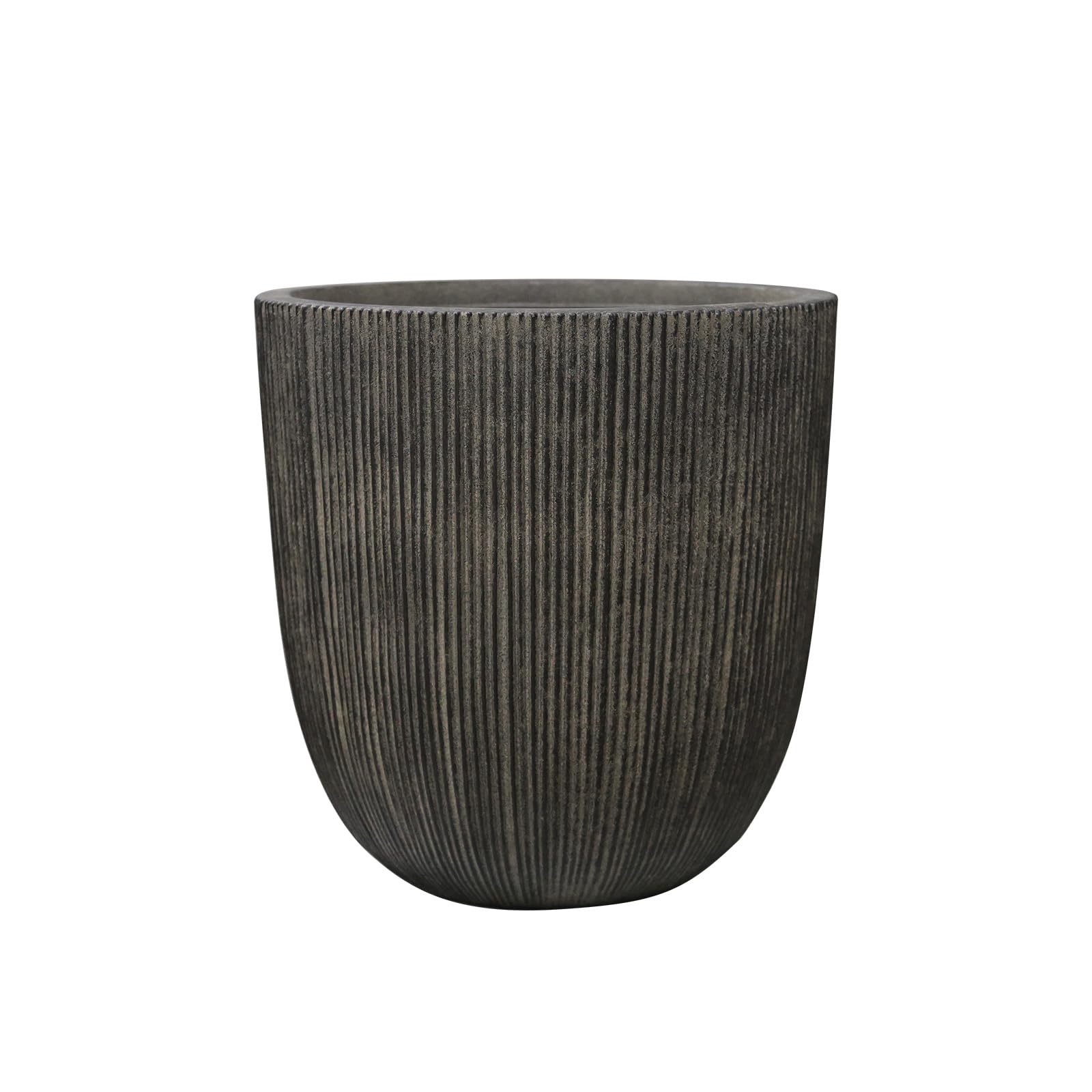 Vintage Black Cement-Look Ribbed Planter, 14.8"H Tall Tapered Egg-Shaped Plastic Plant Pot with Drainage Hole & Plug, Large Modern Indoor Outdoor