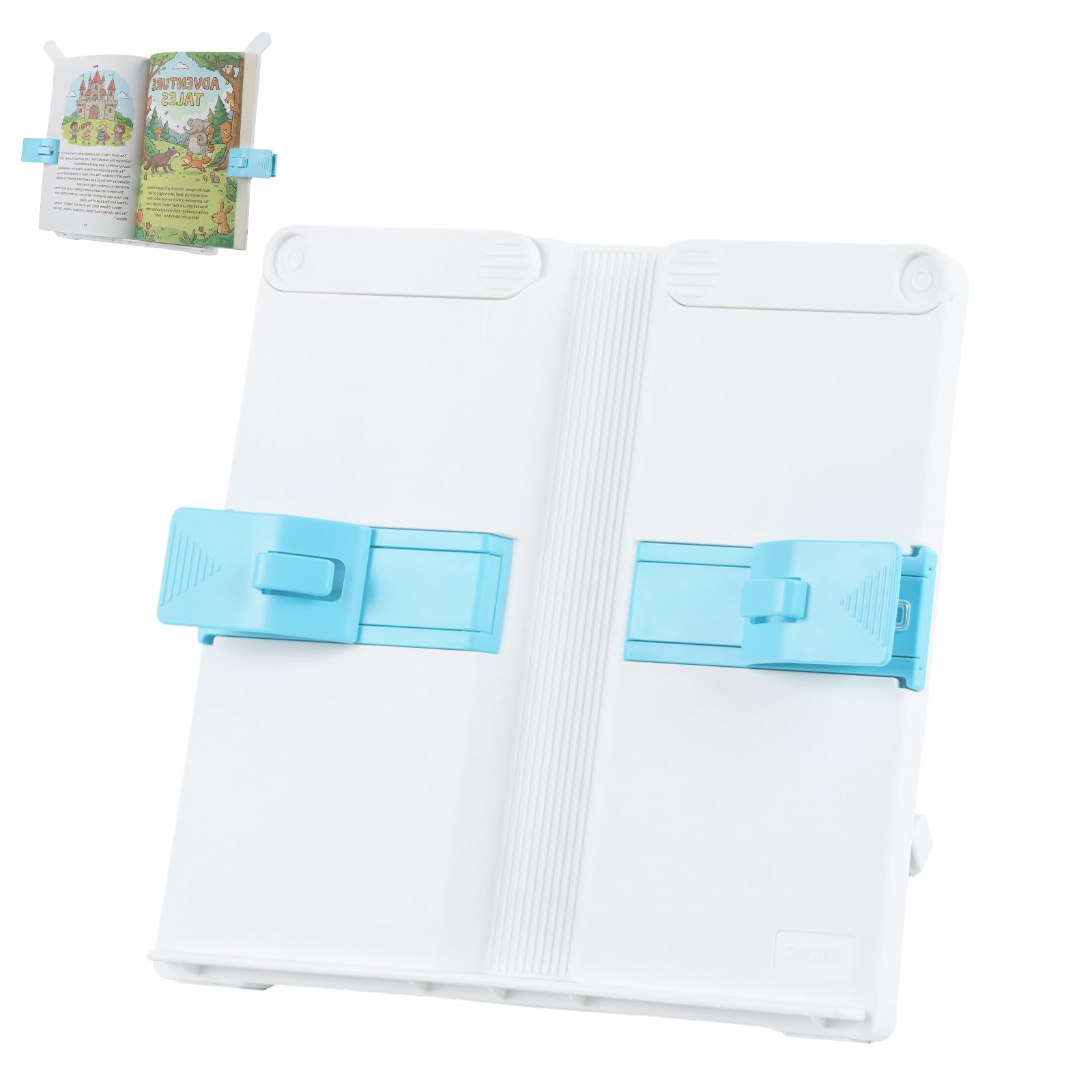 FRETONBA Book Stand for Reading, Book Holder Adjustable with Protective Page Clips, Books Rest Foldable for Office, Kitchen, Cookbooks, Recipes, Tablets, Blue