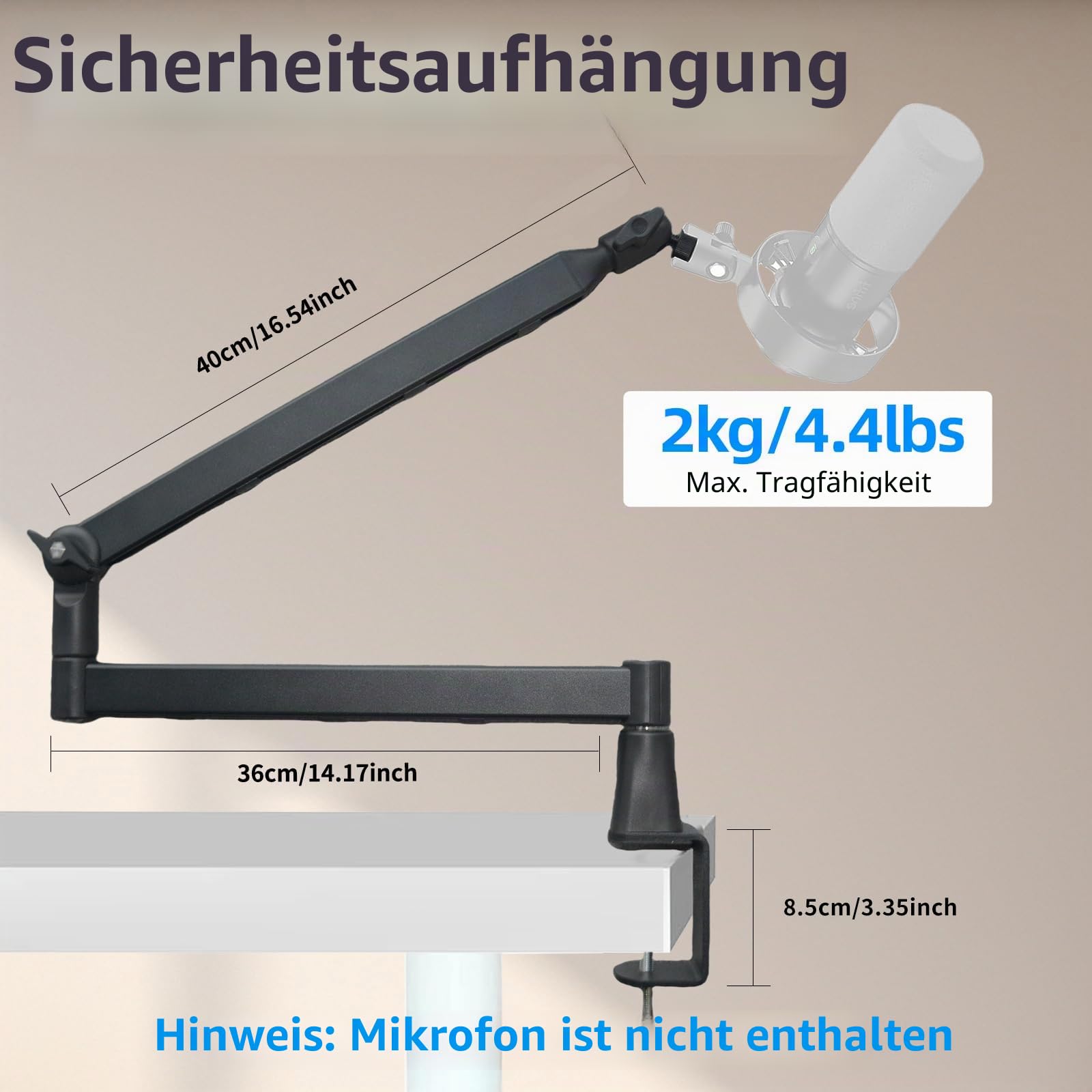 Mikrofon-Boomarm, flaches Mikrofonarm-Stativ mit Tischklemme, Schraubenadapter, versteckten Kabelführungskanälen, verstellbares Mikrofonstativ für Boomstick-Mikrofone, für Podcast-, Gaming