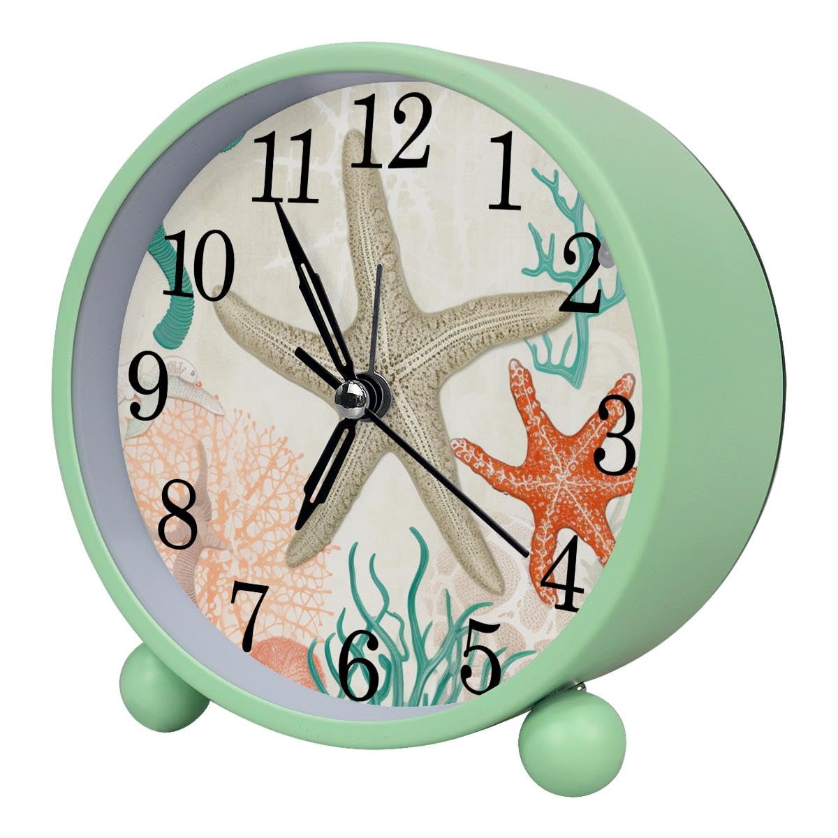 Alarm Clock Seashell Coral Starfish, Silent Non-Ticking with Night Light