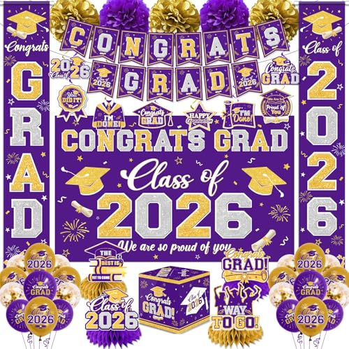 Graduation Decorations Class of 2026 Purple and Gold Graduation Decorations with Congrats Grad Banner Backdrop Porch Sign Balloons Hanging Swirls Honeycomb Centerpieces Box for Graduation Party Decor