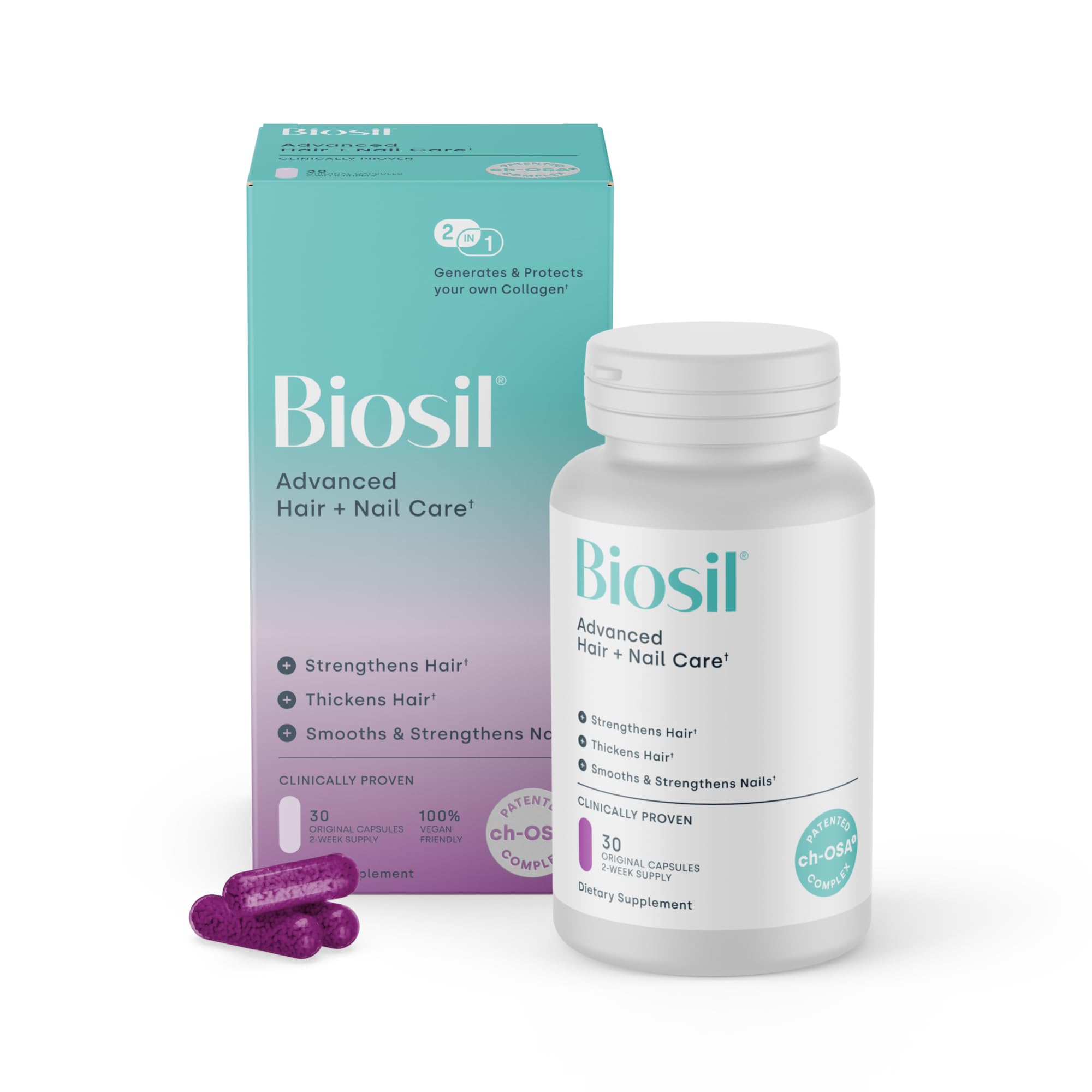 Biosil Advanced Hair + Nail Care - Growth Vitamins for Women - Strengthen & Thicken Strands - 30 Capsules - Patented ch-OSA - 15-Day Supply