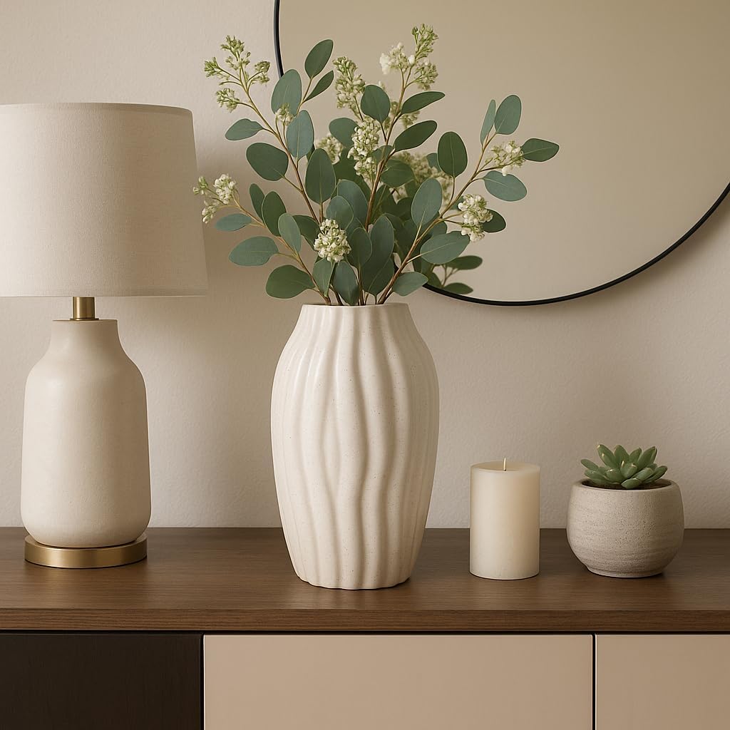 Elegant Textured Vase for Living Room Decor - Contemporary Flower Vase Ideal for Home, Room, and Dining Table Decor - Stylish Decorative Vase for Bedroom, House, and Office Accent - 14", Ivory