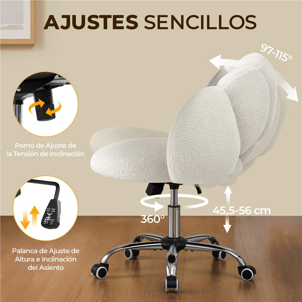 Yaheetech Silla de Escritorio Silla de Oficina Ergonómica sin Brazos Tapizada Blanca con Ruedas Giratorias Respaldo Diseño Nube en Tejido Bouclé Altura Ajustable