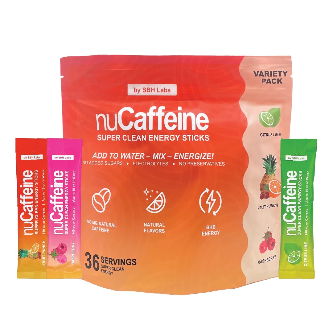 SBH LabsnuCaffeine Super Clean Energy Sticks | 36 servings | 3 Natural Flavors | Prebiotic Formula With Premium Electrolytes | Zero Added sugar | For enhanced hydraton and fast energy boost